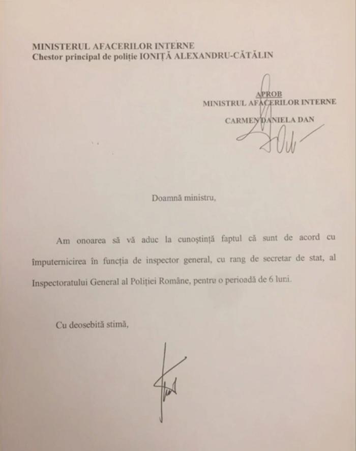 Carmen Dan îi răspunde premierului Mihai Tudose: Nu am mințit, Ioniță acceptase inițial propunerea de a fi interimar la șefia Poliției. Documentul semnat de chestorul Ioniță