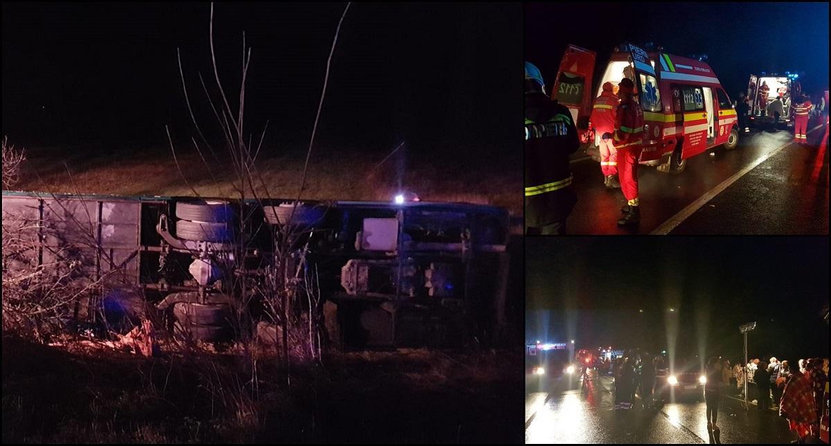 Accident cumplit la Tătărăşti. Un mort şi zeci de răniţi, după ce un autocar s-a răsturnat pe DN7. A fost activat Planul Roşu de intervenţie