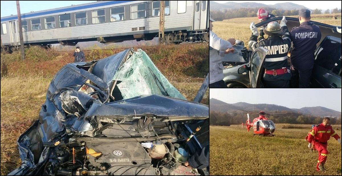 Maşină spulberată de tren, în Arad. Şoferul de 39 de ani, prins între fiarele contorsionate