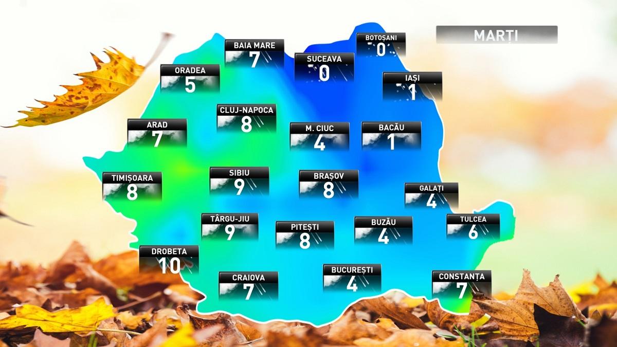 Prognoza meteo cu temperaturile pentru marți