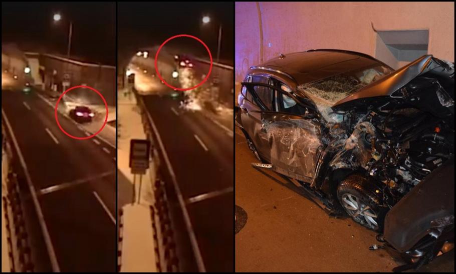Șoferul a scăpat nevătămat Mașina decolează la intrarea într-un tunel
