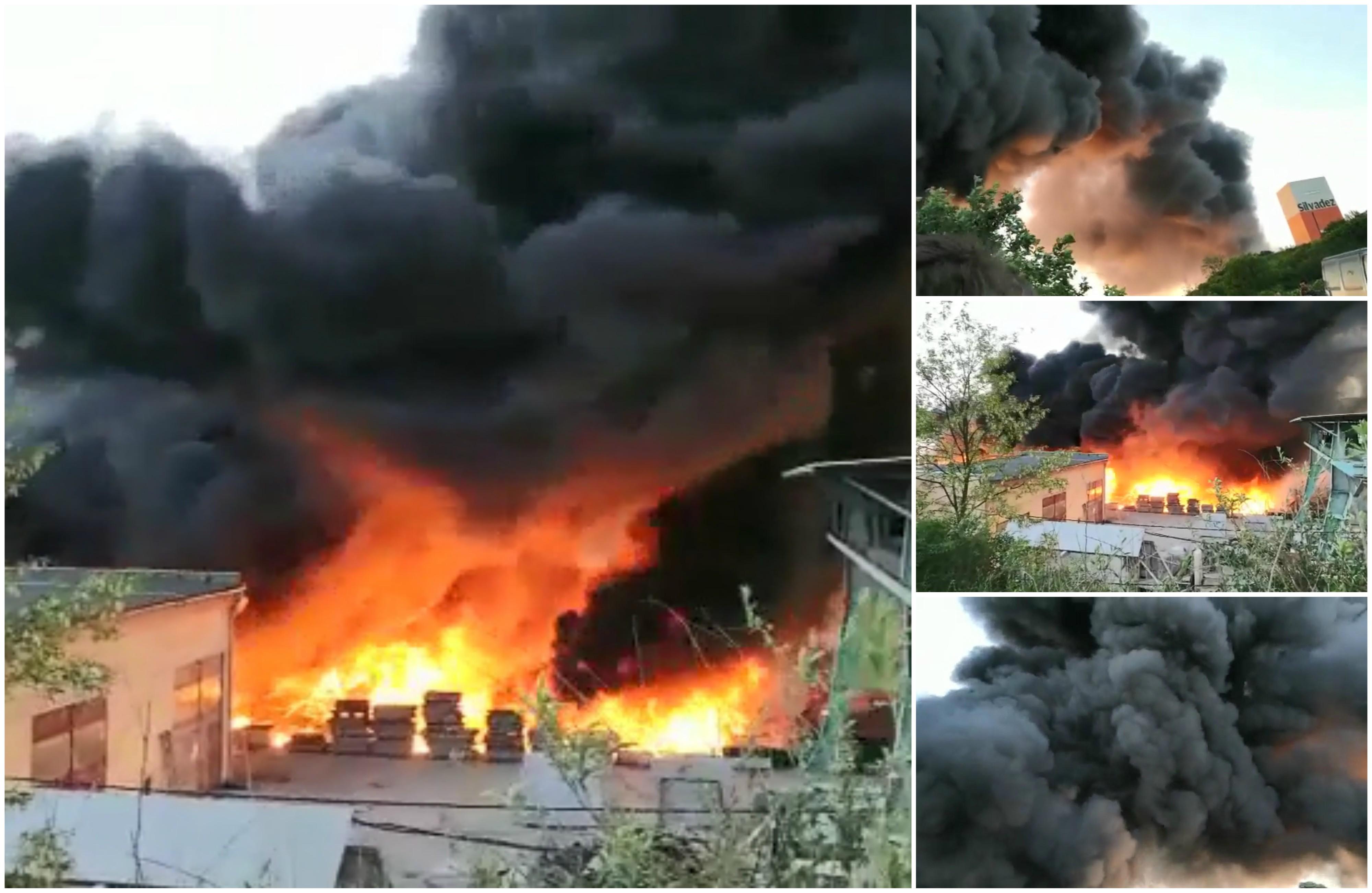 Incendiu devastator la Deva. Un depozit arde cu flăcări uriaşe, un nor gros de fum a acoperit oraşul (Video)