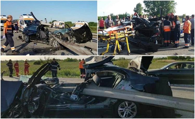 Noi imagini şocante de la carnagiul de pe autostrada A1! Mercedesul a fost tâiat în două de parapetele din metal