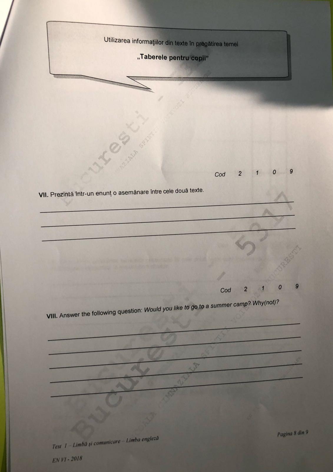 Subiecte Evaluare Nationala 2018 clasa a VI-a la Limba Engleză