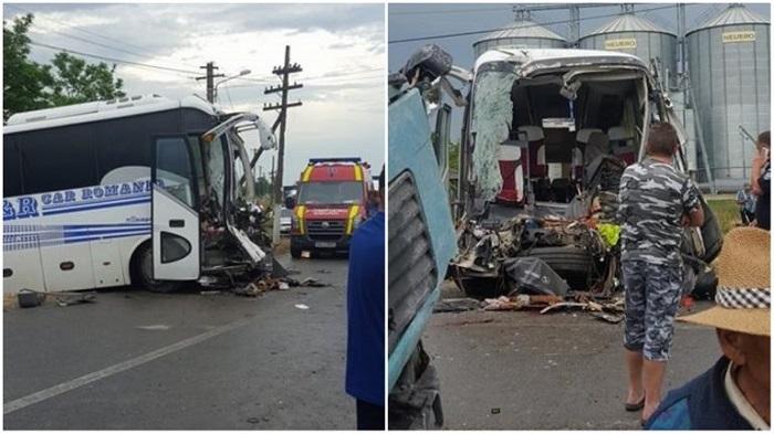 Accident teribil la Arad! O basculantă a spulberat un autobuz. Un călător a rămas fără picioare