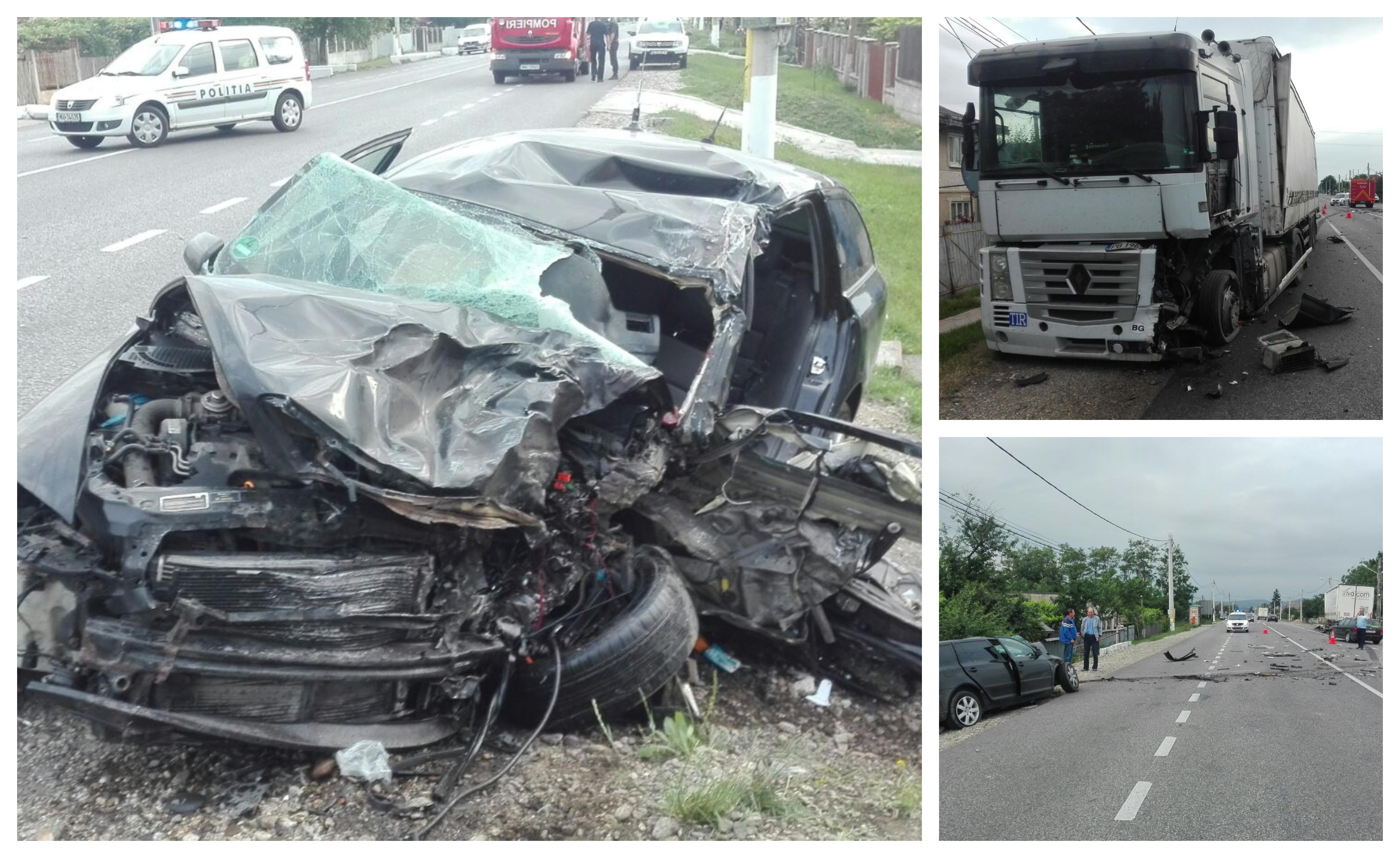 Accident devastator la Bacău. Un TIR a spulberat o Skoda al cărei şofer a adormit la volan, la peste 100 km/h