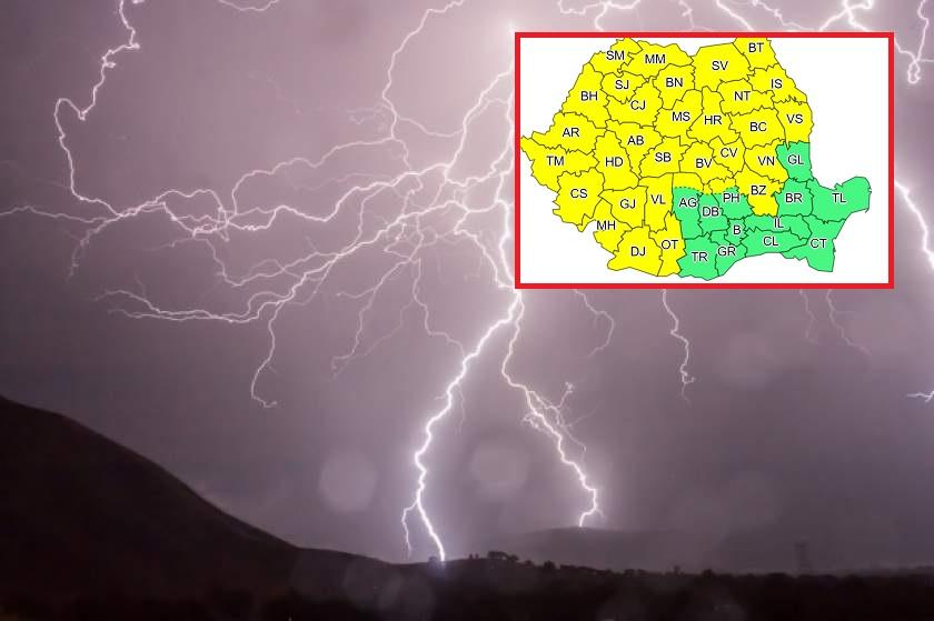 Cod galben de fenomene meteo extreme în aproape toată ţara. Furtuni, ploi şi grindină până mâine, la ora 23.00