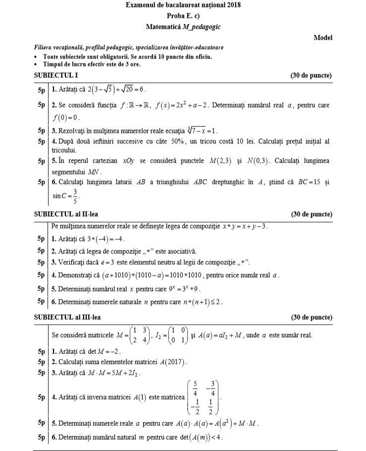 SUBIECTE proba la matematică, Bacalaureat 2018, profil Pedagogic