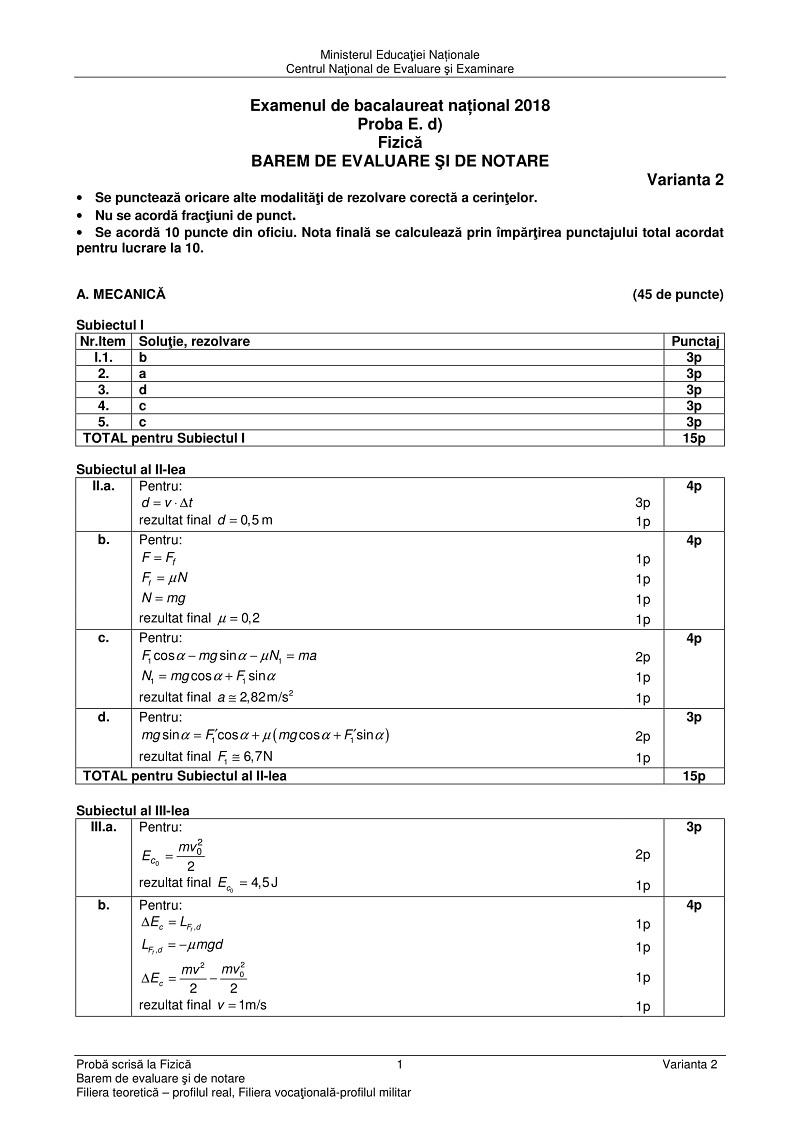 Barem la fizica la Bac 2018