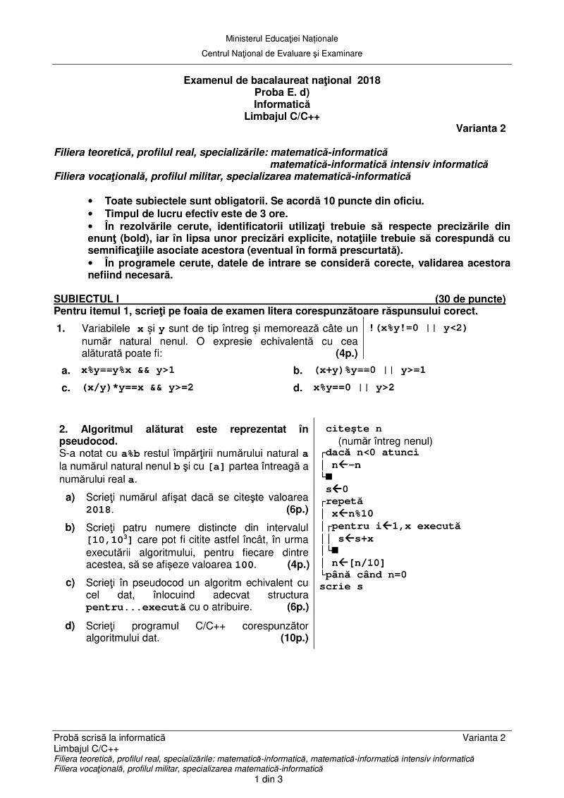 Subiecte informatica la bac 2018