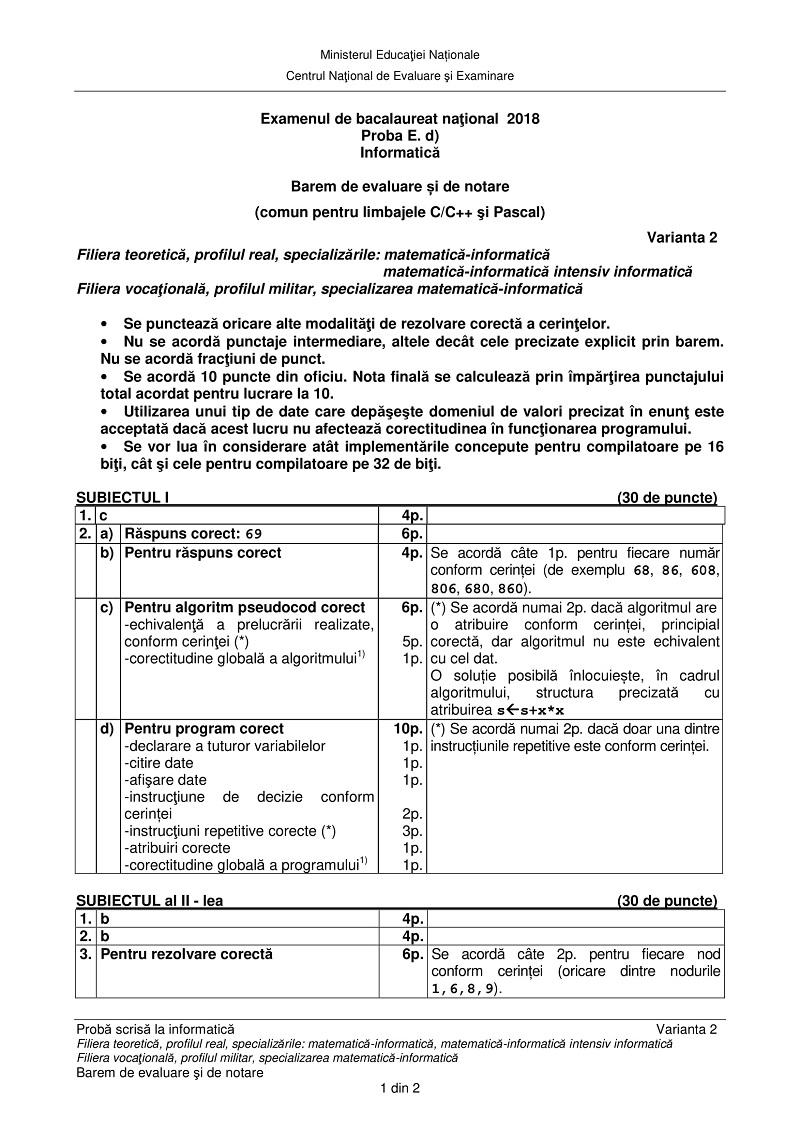 Barem Informatica Bac 2018