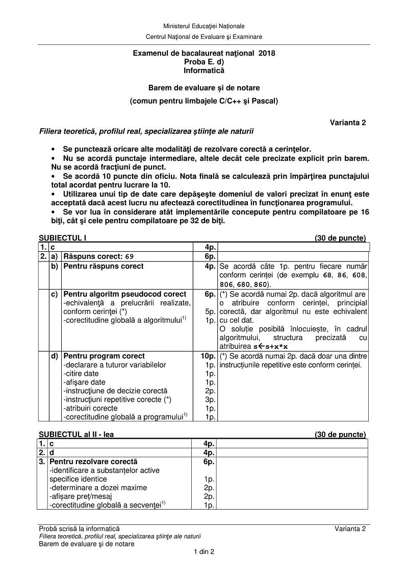 Barem Informatica Bac 2018