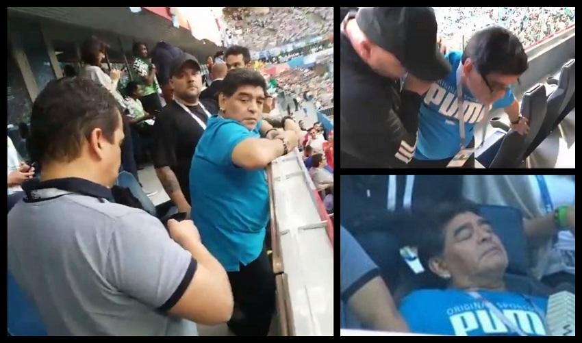Maradona, cât pe ce să cadă peste balustradă, în timpul meciului Argentina - Nigeria
