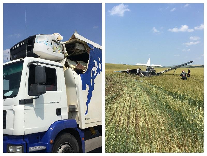 Un camion a fost lovit de avionul care s-a prabusit la Galati