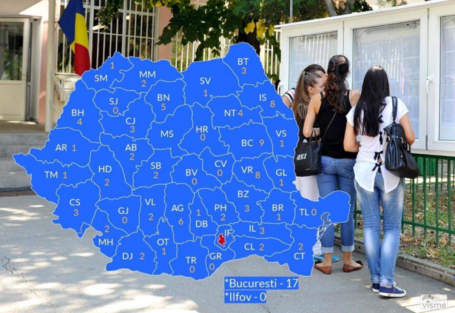 Harta medii de 10 la Bacalaureat 2018 Harta cu mediile de 10 obţinute de candidaţi pe judeţe la Bacalaureat 2018