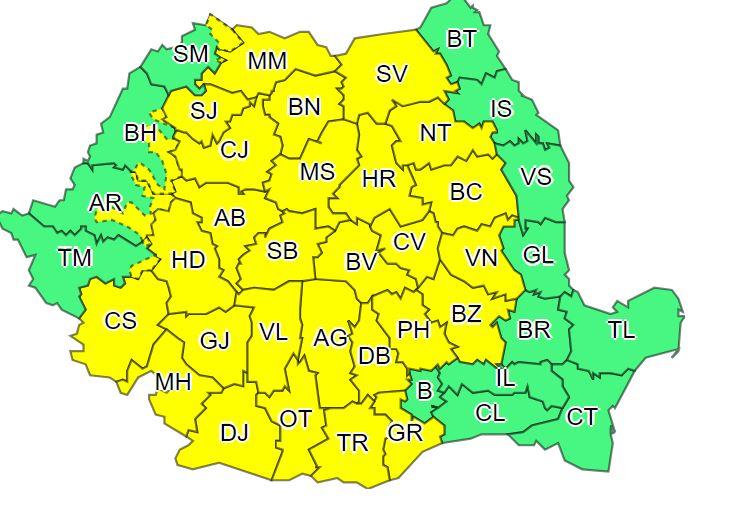 ANM a emis o alertă meteo de ploi torenţiale, furtuni şi grindină în toată ţara, până luni seară