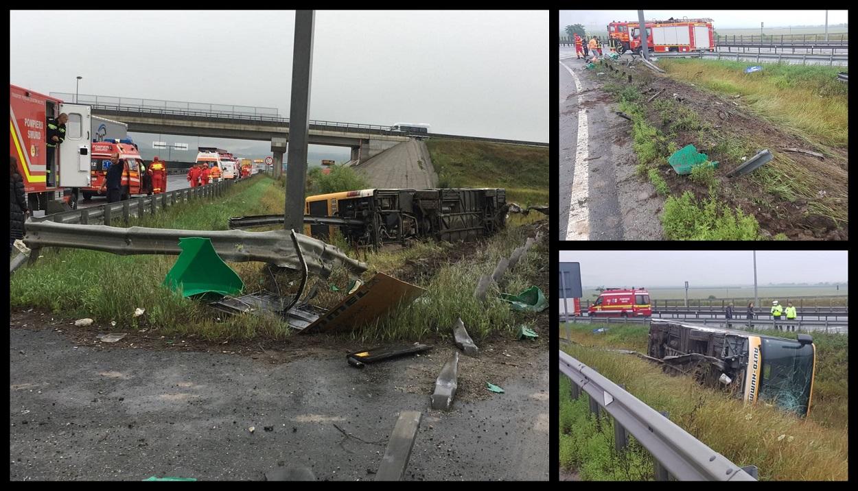 Un autobuz plin cu muncitori s-a răturnat la Sibiu, lângă aeroport. Echipele de salvatori intervin în acest moment