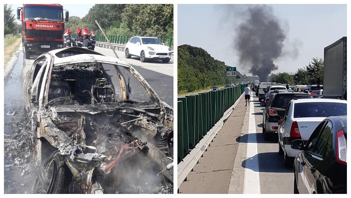 Incendiu pe Autostrada Soarelui. O masina a ars ca o torta