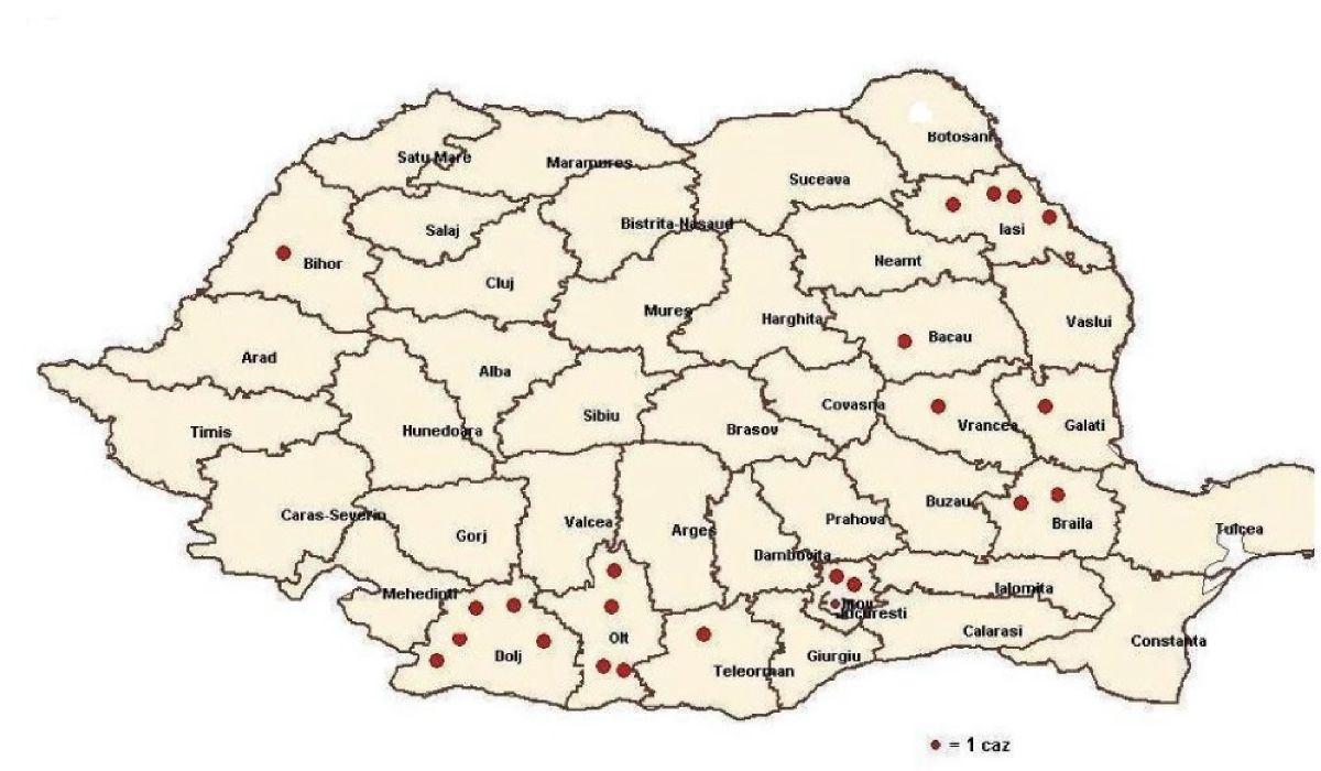 Harta cazurilor de infectie cu virusul West Nile in Romania