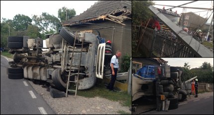 Accident teribil în Dâmboviţa, la Moţăieni. Un TIR scăpat de sub control a rupt tot în cale şi s-a înfipt într-o casă