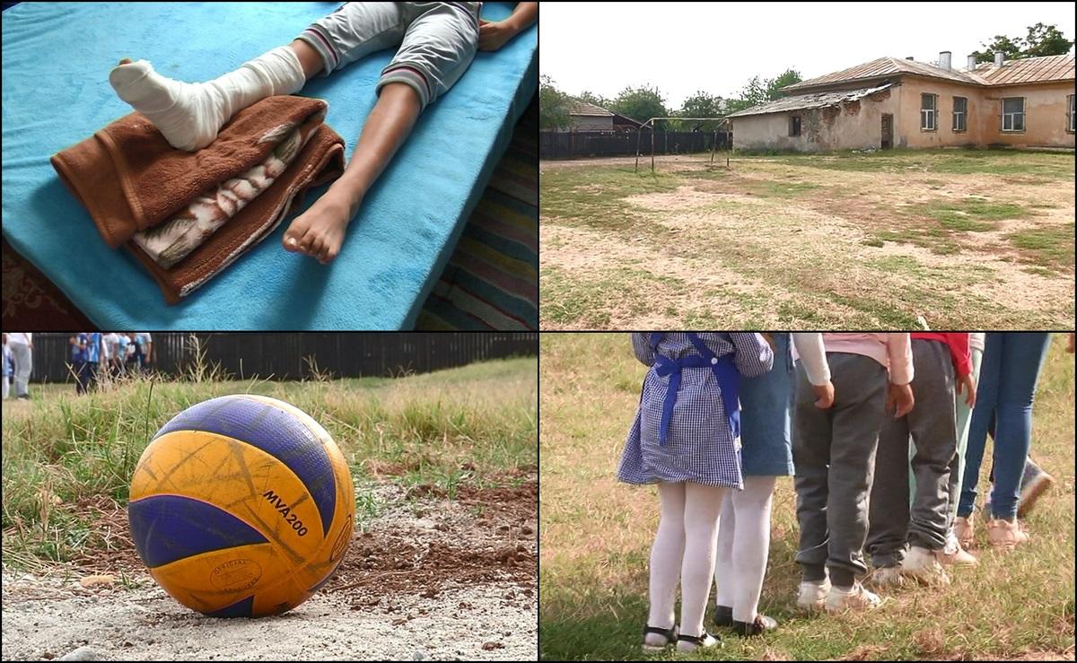 Elevi în pericol, la o şcoală din Dolj. Un elev şi-a rupt piciorul în gropi, pe altul a căzut o bară