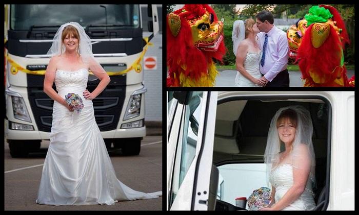O şoferiţă de TIR s-a dus la propria nuntă, îmbrăcată în mireasă, la volanului camionului pe care lucrează