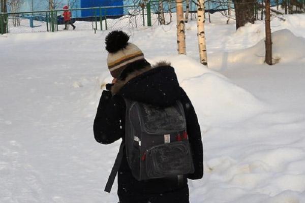 Copil cu rucsac în spate pe o vreme geroasă