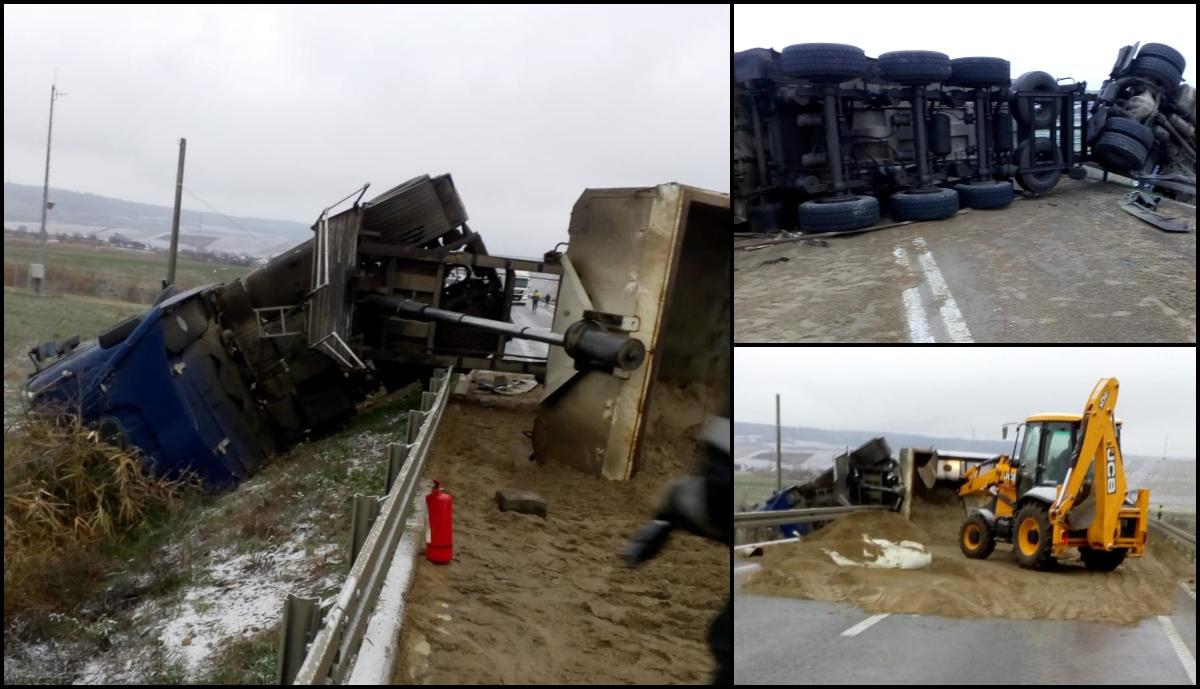 Camion de mare tonaj, răsturnat în Vaslui! Coadă de 20 de km pe DE 581