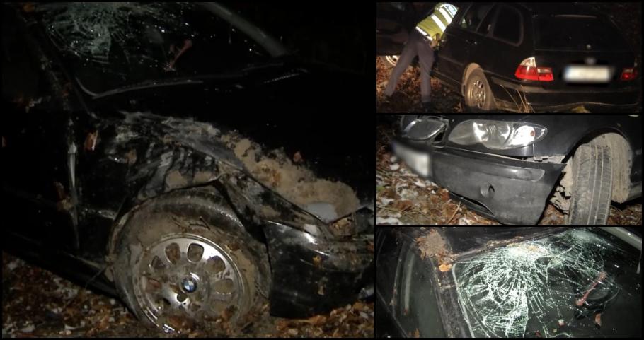 BMW în pădure, la Cluj-Napoca BMW fără cauciucuri de iarnă, direct în pădure după ce drumul a făcut la stânga