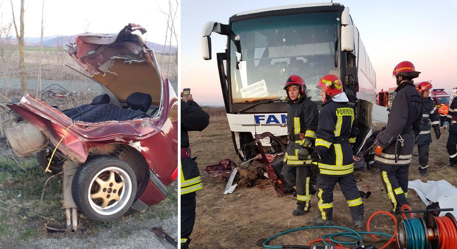 Autocarul şi maşina implicate în accident
