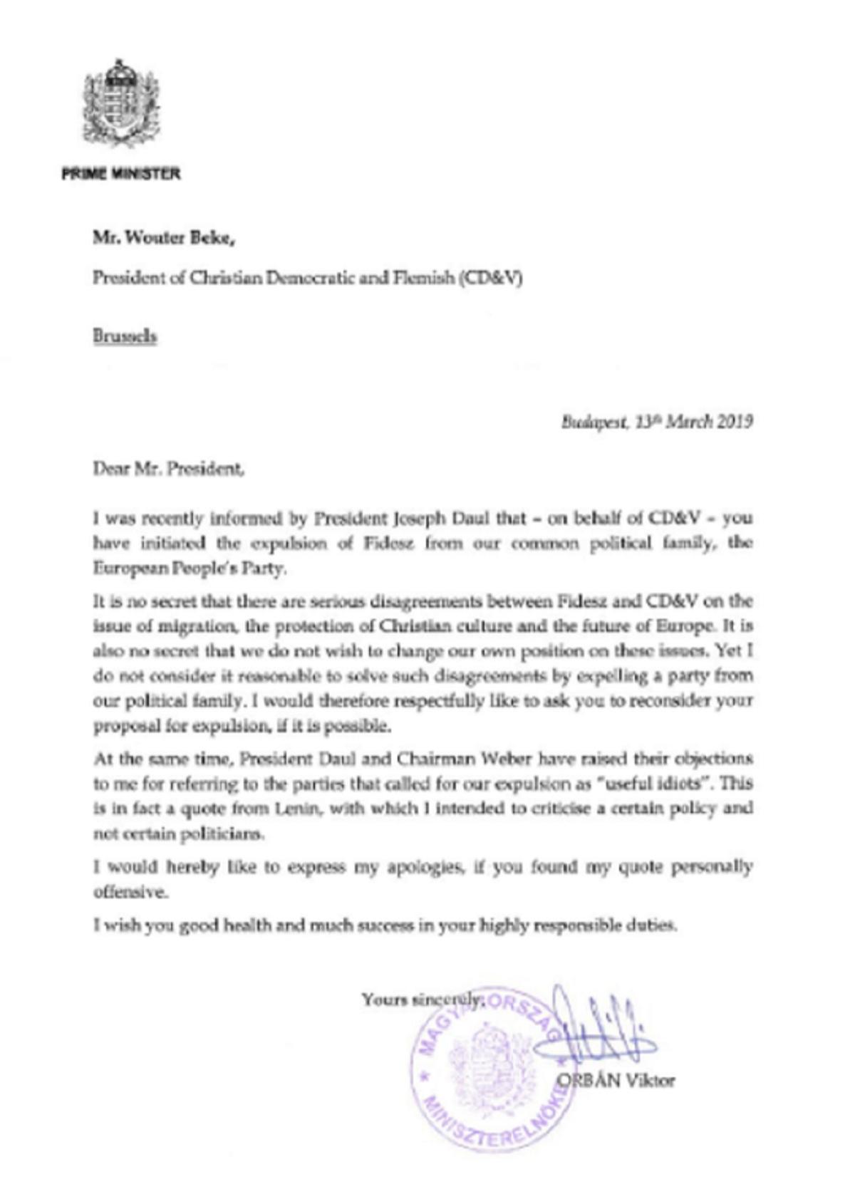 Viktor Orban, scrisoare către liderii PPE