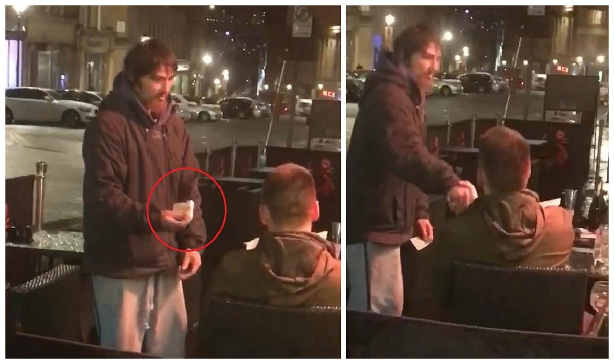 Captură video Gest de omenie al unui tânăr pentru un om fără adăpost