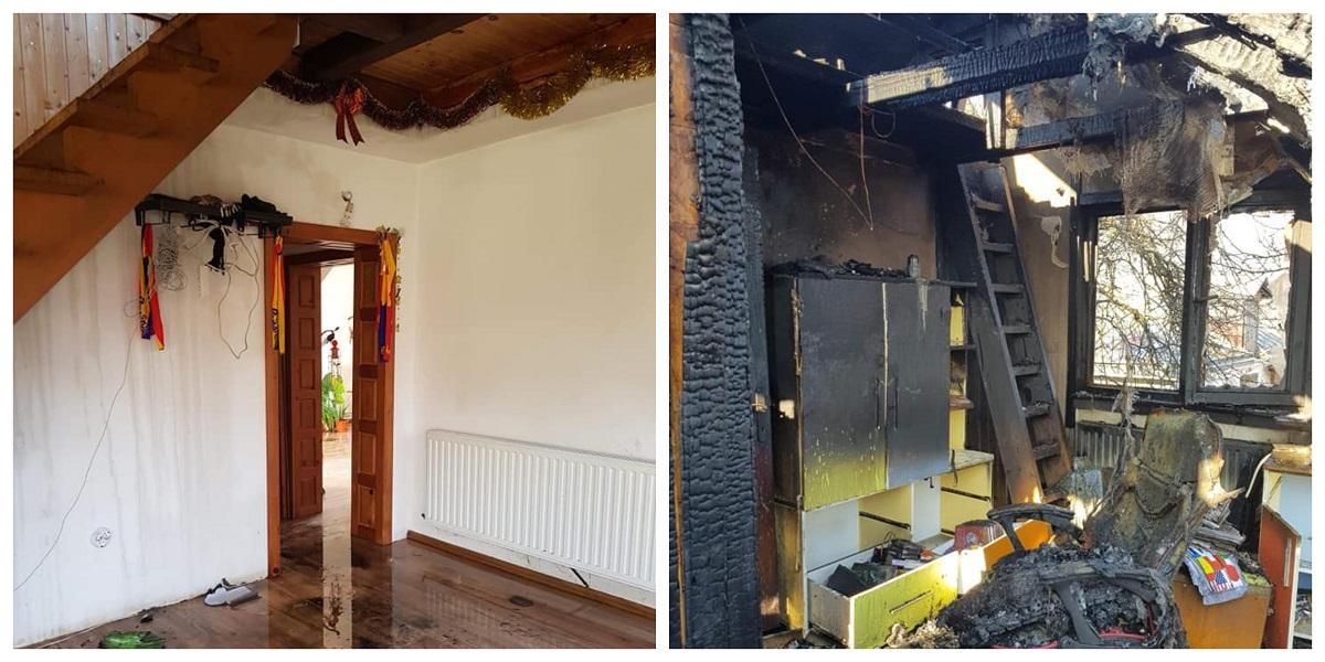 Casă din Oneşti, distrusă în totalitate după un incendiu puternic