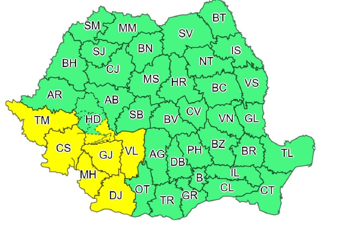 Şapte judeţe din zona de sud-vest a ţării sunt, miercuri, sub atenţionare cod galben, până la ora 10.00