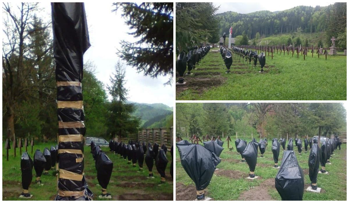 Cruci ale eroilor români, acoperite cu saci de gunoi