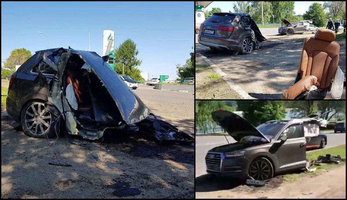 Imagini de coşmar în Rusia, un Audi Q7 s-a rupt în două după ce a intrat cu viteză într-un stâlp