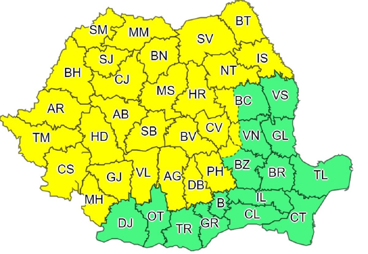 Administraţia Naţională de Meteorologie a emis o nouă avertizare de vreme severă pentru trei sferturi de ţară