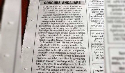 O unitate medicală din Săveni angajează spălătoreasă cu studii universitare de licenţă