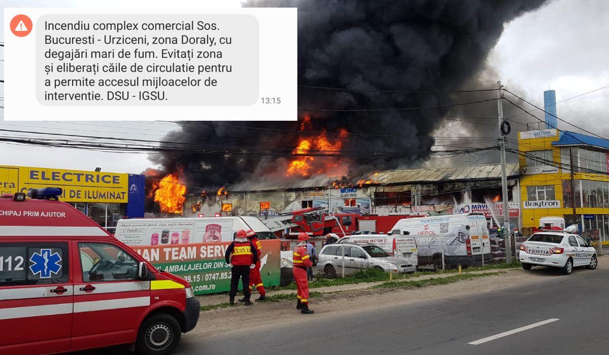 Mesaj Ro-Alert după incendiul de la centrul Doraly din Afumaţi: 'Eliberaţi căile de circulaţie!'