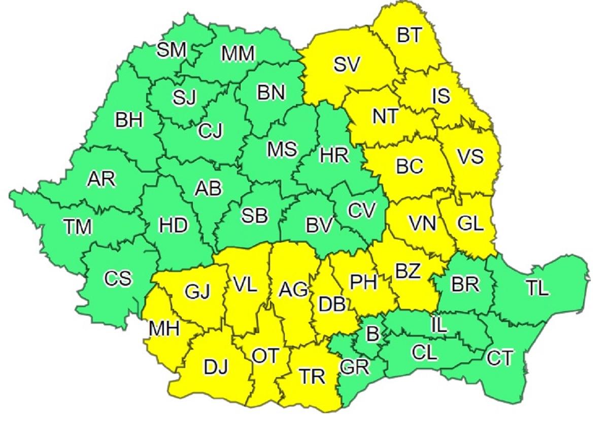 Avertizarea vizează județele Mehedinți, Gorj, Dolj, Vâlcea, Olt, Argeș, Teleorman, Dâmbovița, Prahova, Vrancea, Galați, Bacău, Vaslui, Neamț, Iași, Suceava și Botoșani