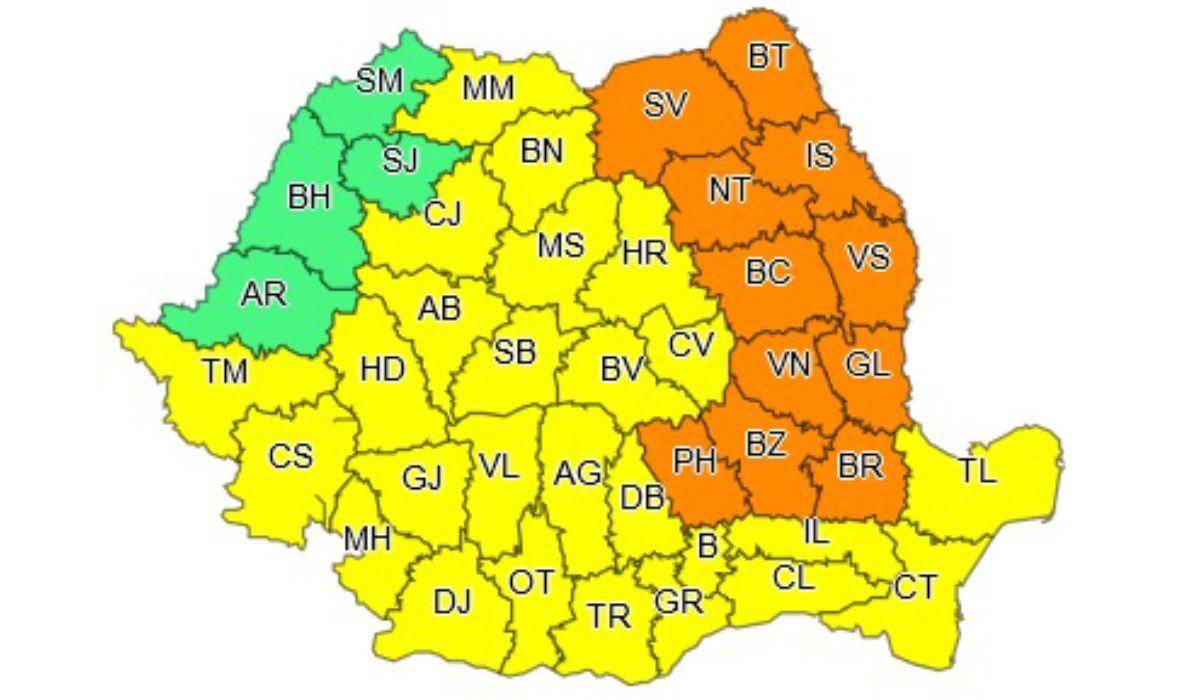 Harta zonelor afectate de avertizarea tip cod portocaliu din 4 iunie 2019