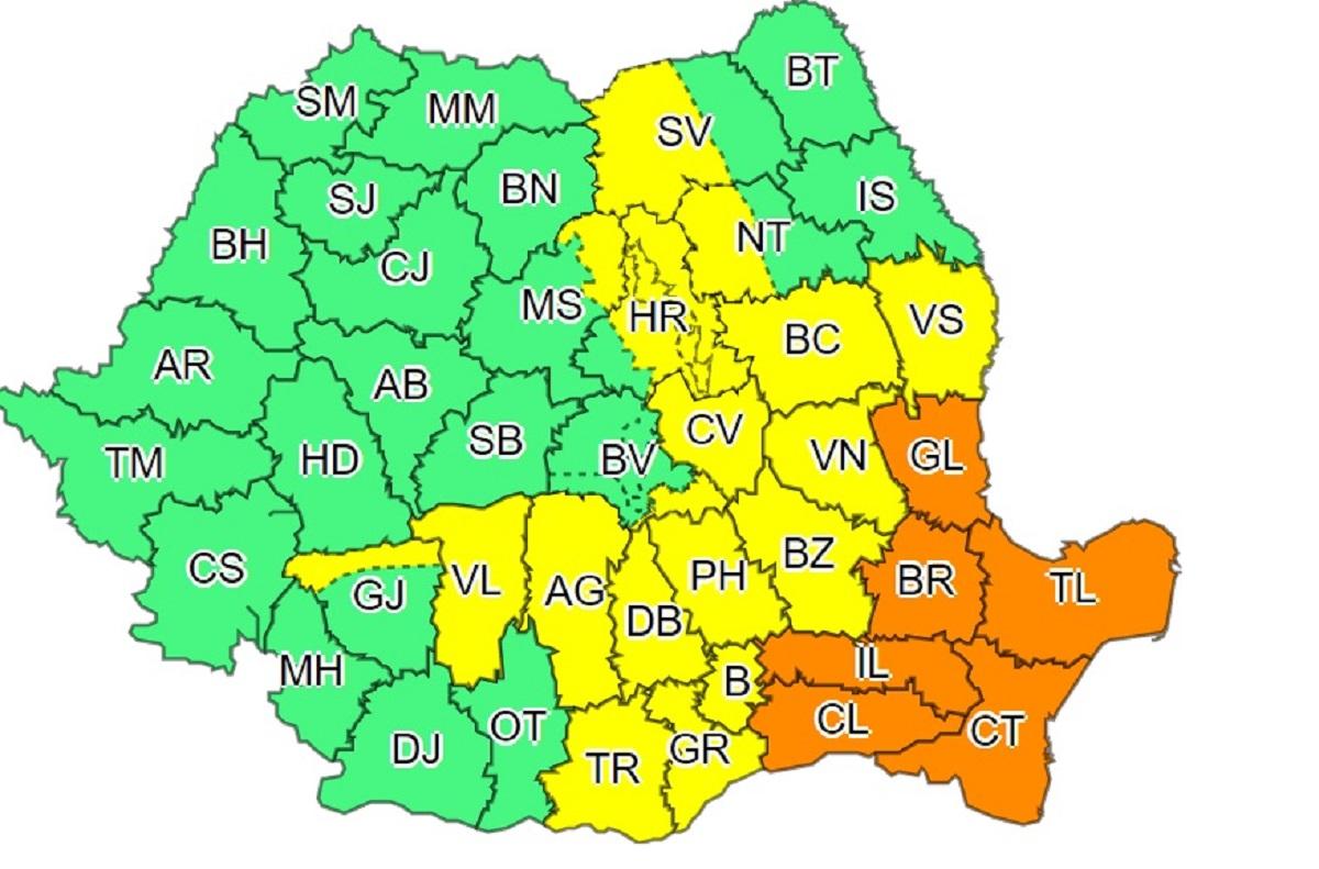 Cod portocaliu de ploi torenţiale şi vijelii în şase judeţe. Capitala şi alte 17 judeţe, sub cod galben