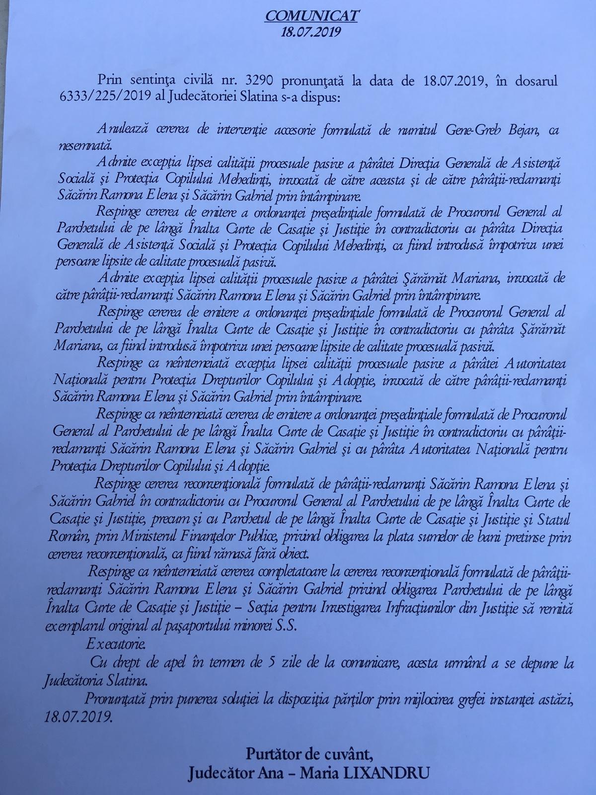 Judecătoria Slatina a decis ca Sorina, fetiţa adoptată în SUA, poate părăsi România