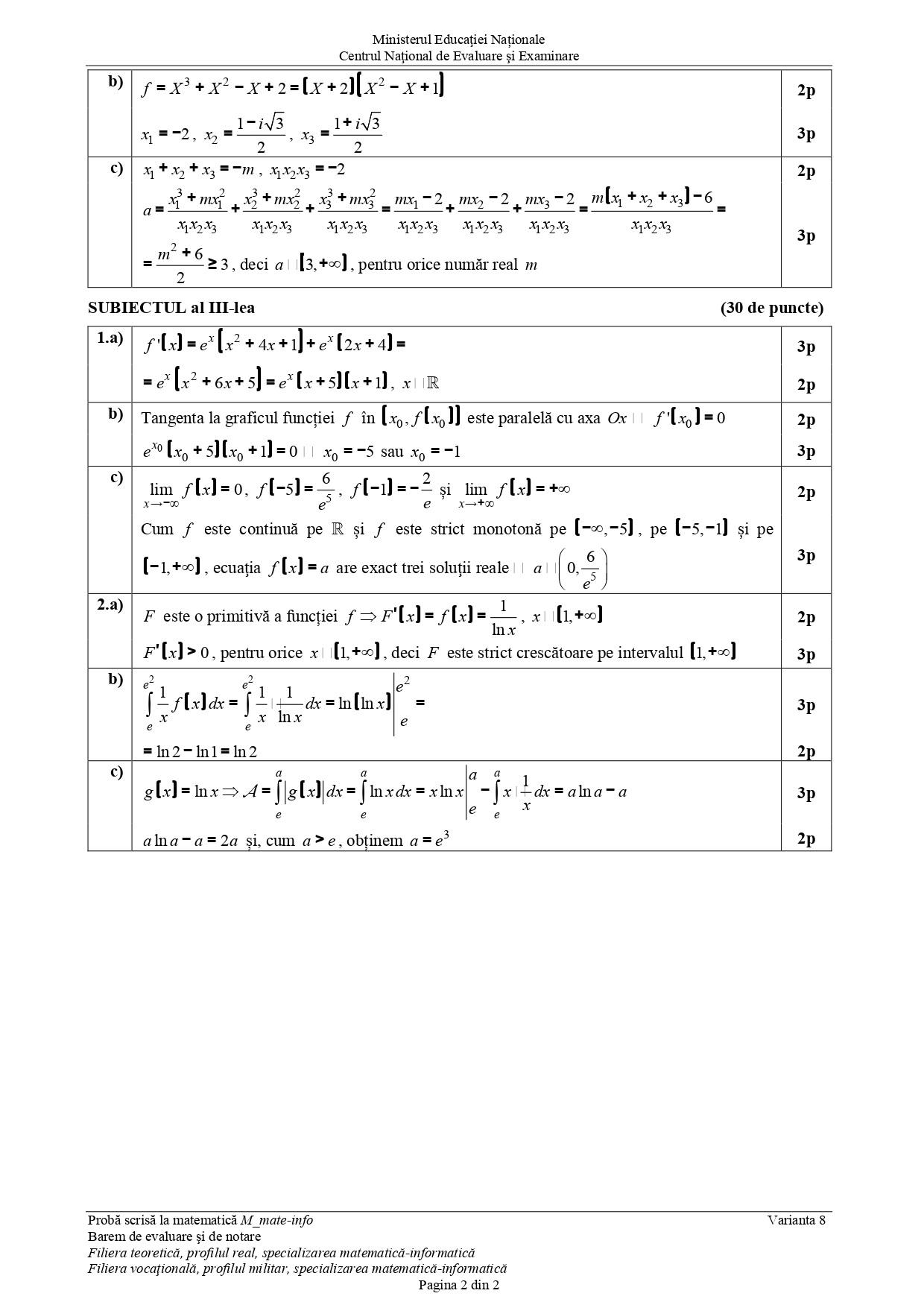 Barem matematică Bac 2019, specializarea mate-info