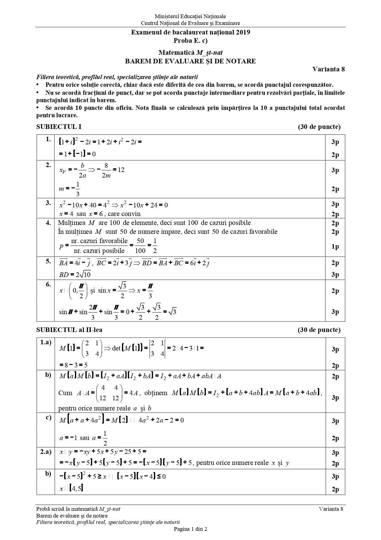 Barem matematică Bac 2019, specializarea științele naturii