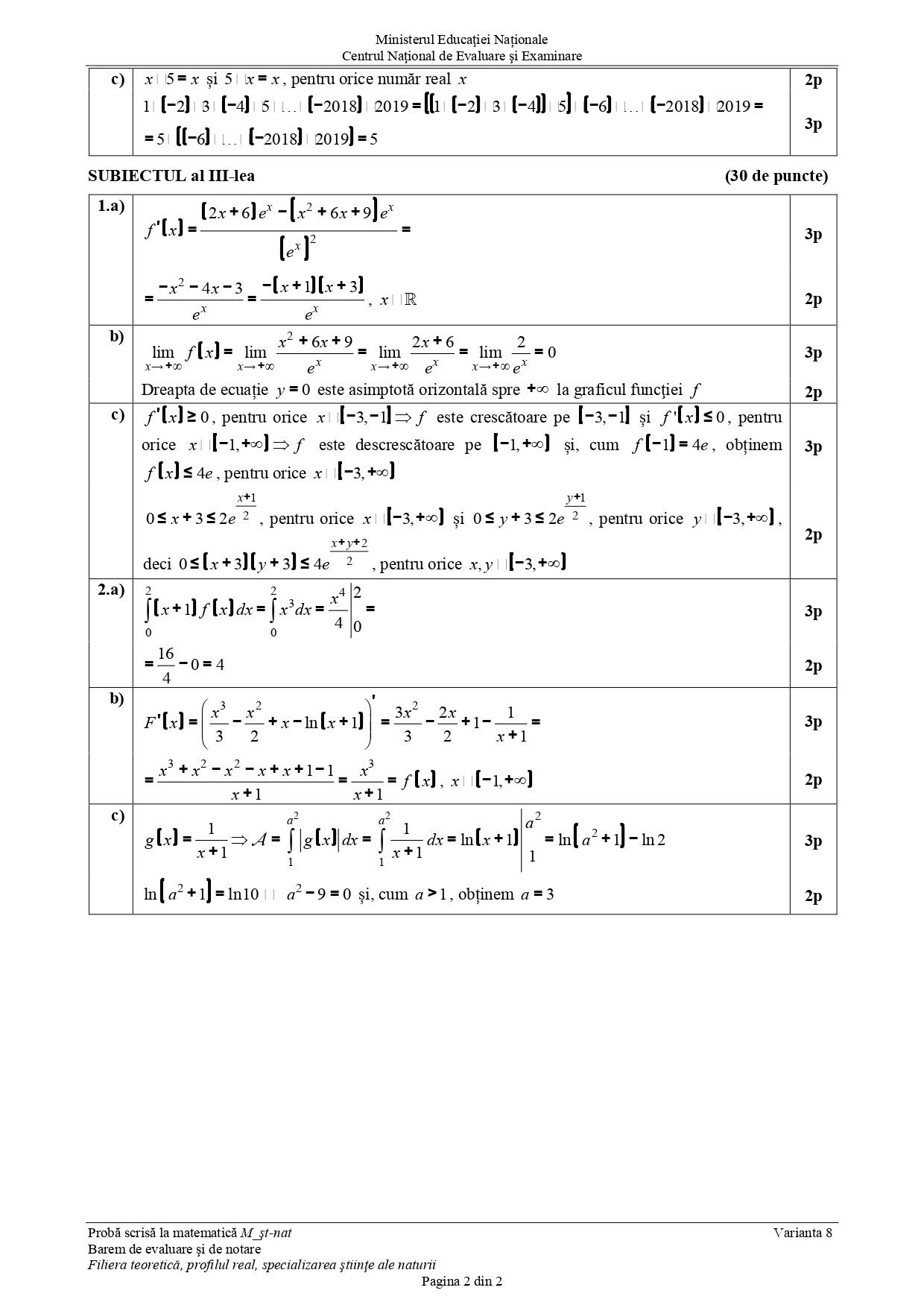 Barem matematică Bac 2019, specializarea științele naturii