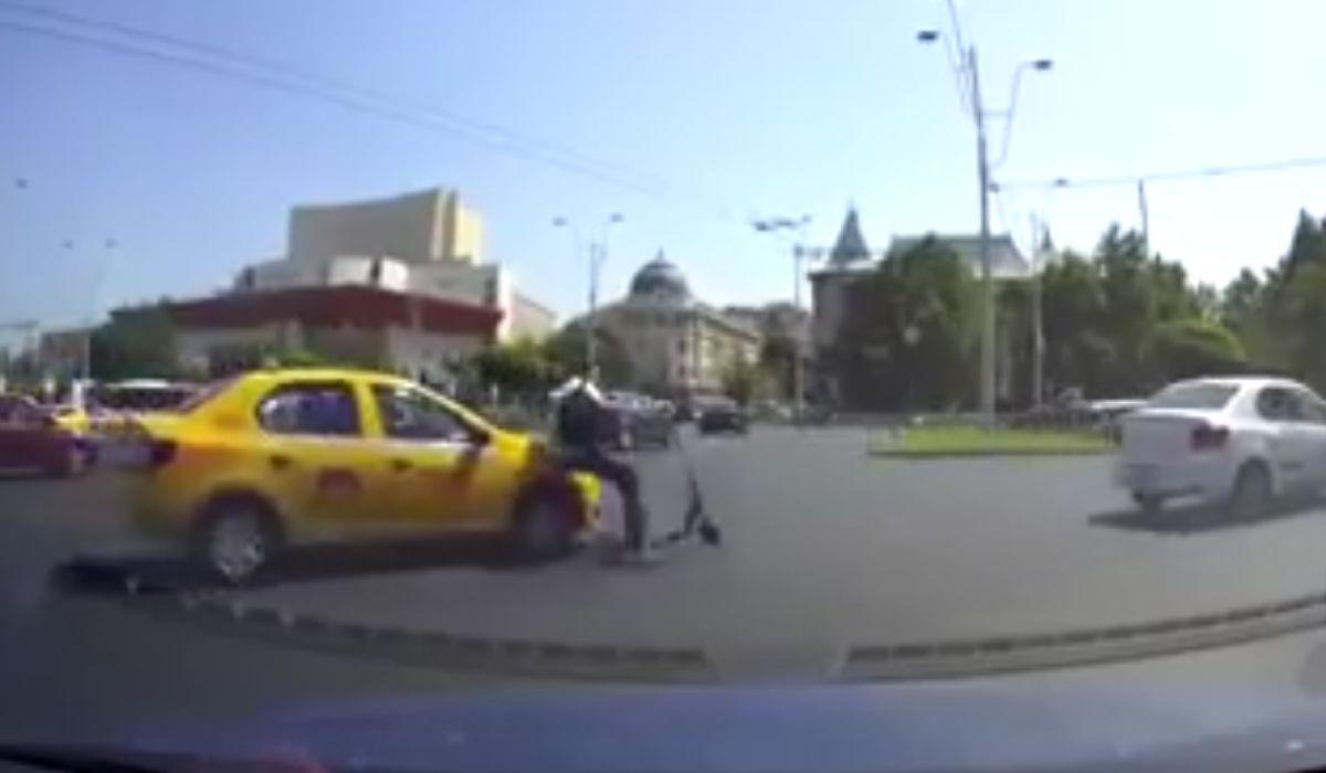 tanar trotineta taxi bucuresti Tânăr pe trotinetă la un pas să fie călcat de un taxi, în Bucureşti