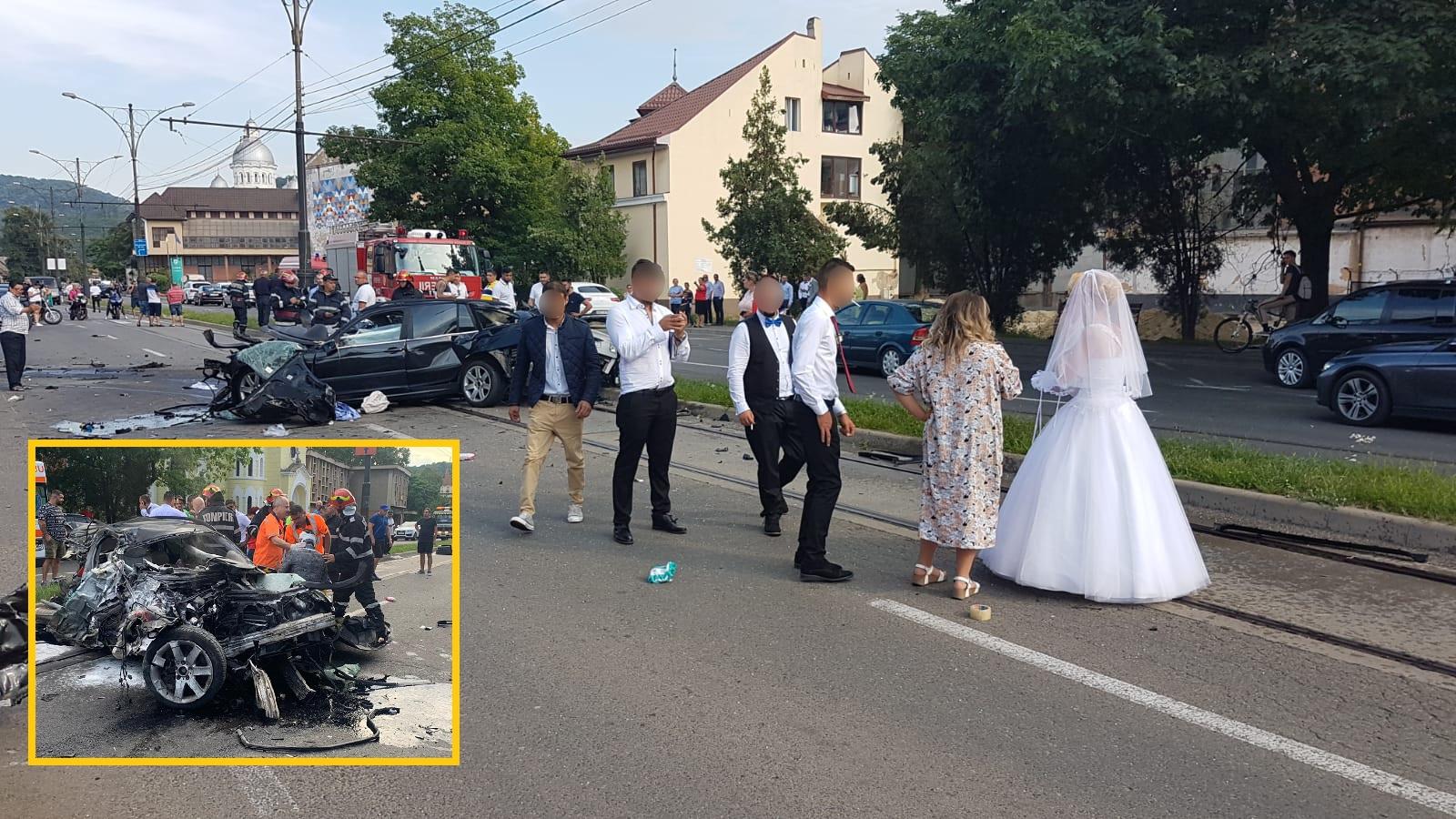 Mireasa la locul accidentului provocat de mire în Reșița