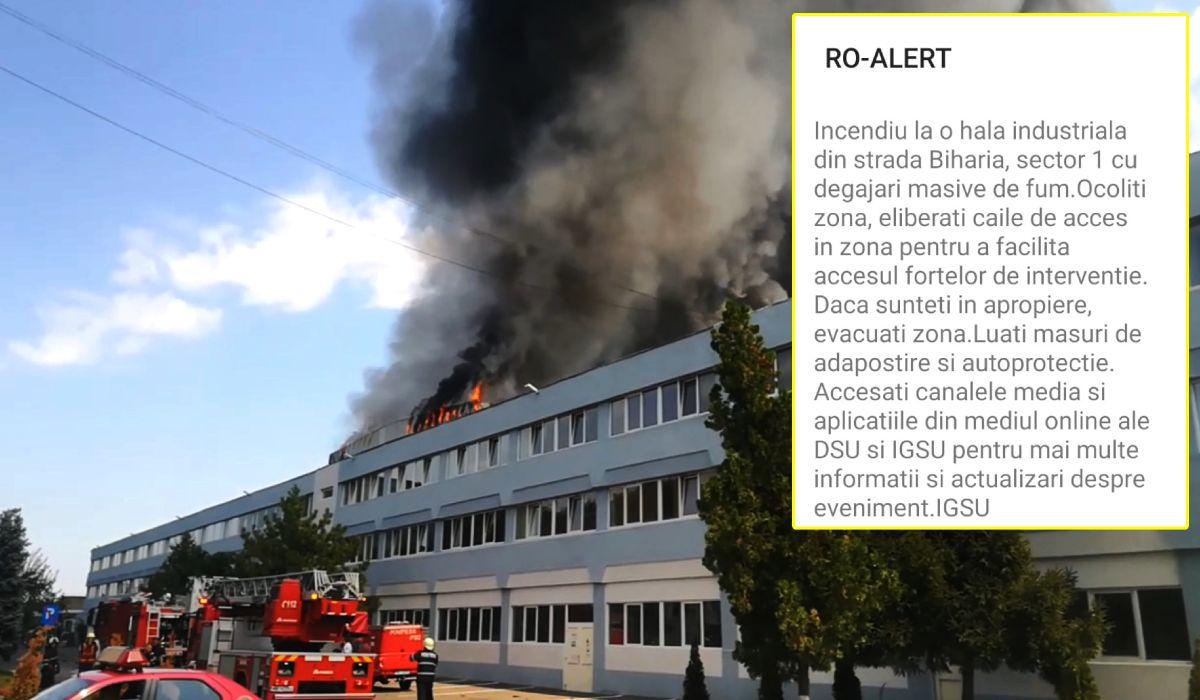 Mesaj Ro-Alert dup[ uriaşul incendiu care a cuprins o hală din zona Băneasa