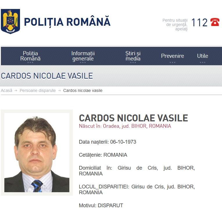 Nicolae Cardoş figurează ca dispărut pe site-ul Poliţiei Române